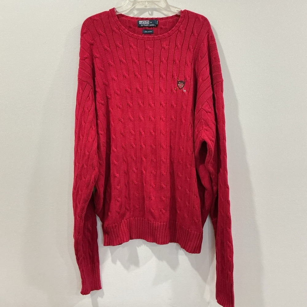 Vintage Polo Ralph Lauren Cable Knit Sweater Mens XXL Red Crest Crew Neck Preppy